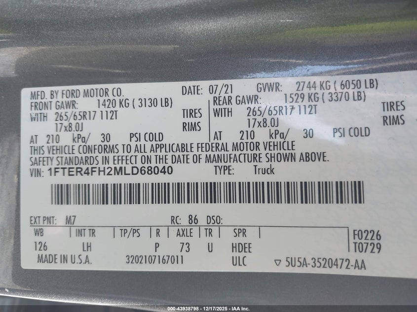 VIN 1FTER4FH2MLD68040 2021 FORD RANGER XLT