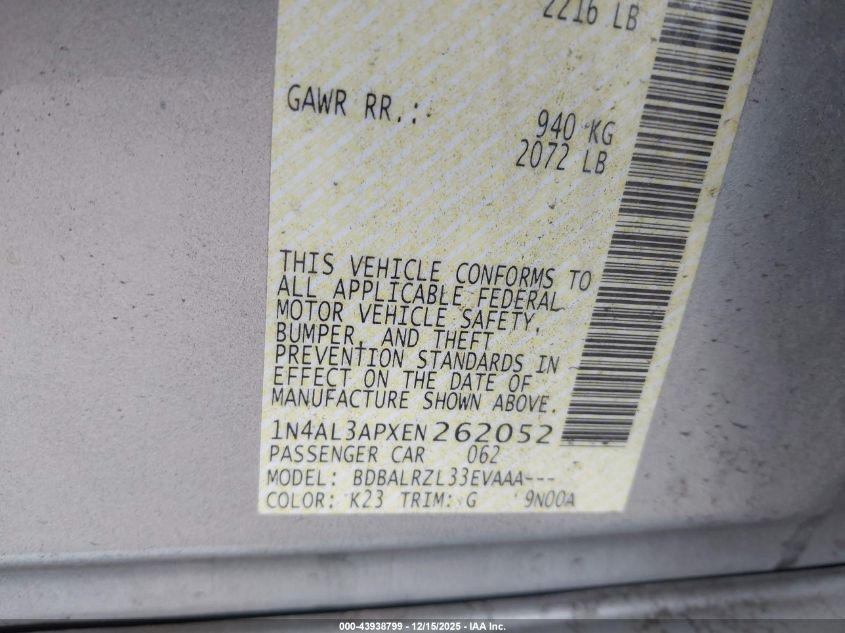 2014 Nissan Altima 2.5 S VIN: 1N4AL3APXEN262052 Lot: 43938799