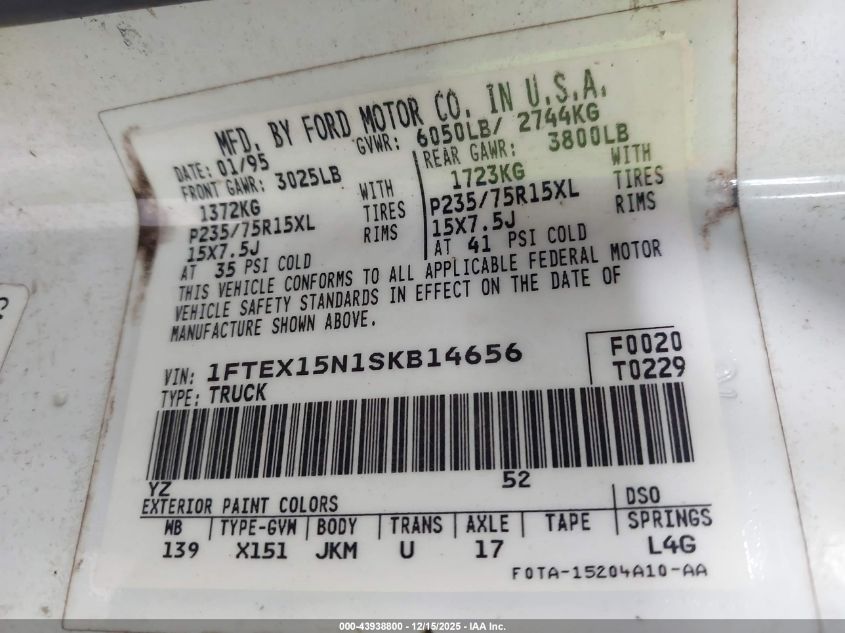 1995 Ford F150 VIN: 1FTEX15N1SKB14656 Lot: 43938800
