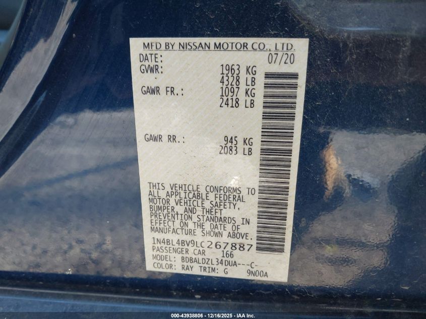 2020 Nissan Altima S Fwd VIN: 1N4BL4BV9LC267887 Lot: 43938806