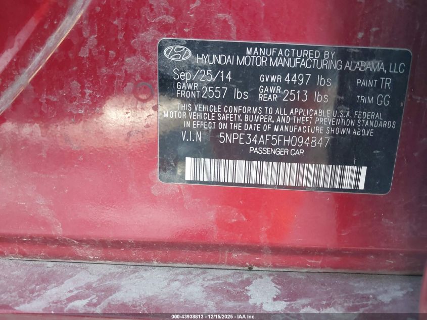 2015 Hyundai Sonata Sport VIN: 5NPE34AF5FH094847 Lot: 43938813