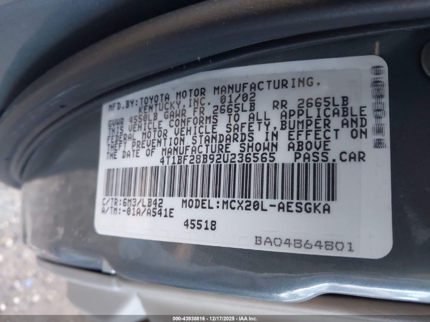 2002 Toyota Avalon Xls VIN: 4T1BF28B92U236565 Lot: 43938816