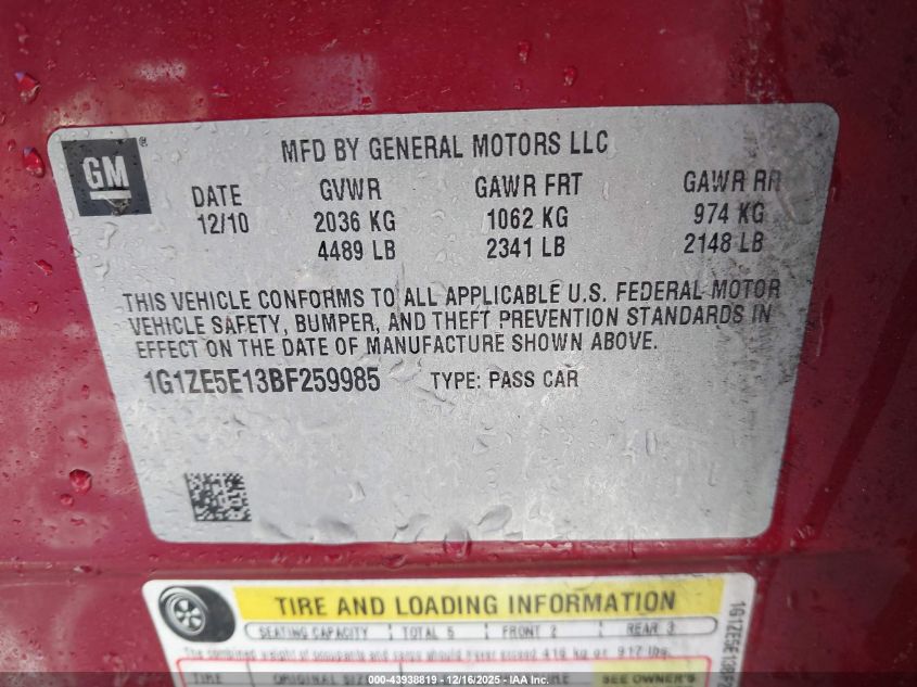 2011 Chevrolet Malibu Ltz VIN: 1G1ZE5E13BF259985 Lot: 43938819