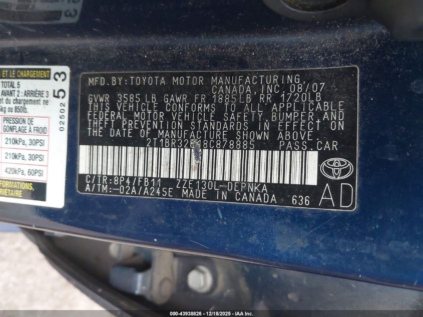 2008 Toyota Corolla Le VIN: 2T1BR32E18C878885 Lot: 43938826