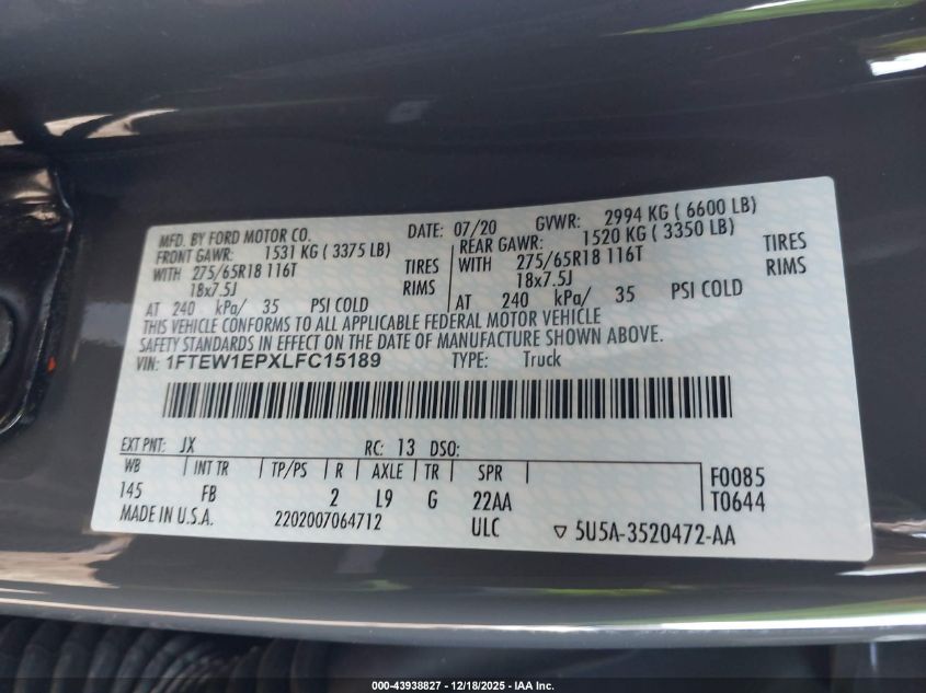 2020 Ford F-150 Xlt VIN: 1FTEW1EPXLFC15189 Lot: 43938827