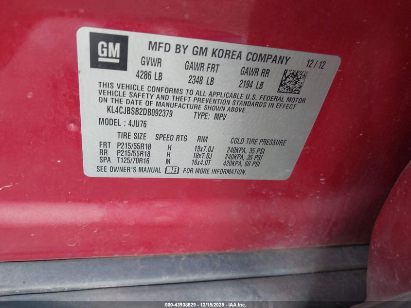 2013 Buick Encore Convenience VIN: KL4CJBSB2DB092379 Lot: 43938829