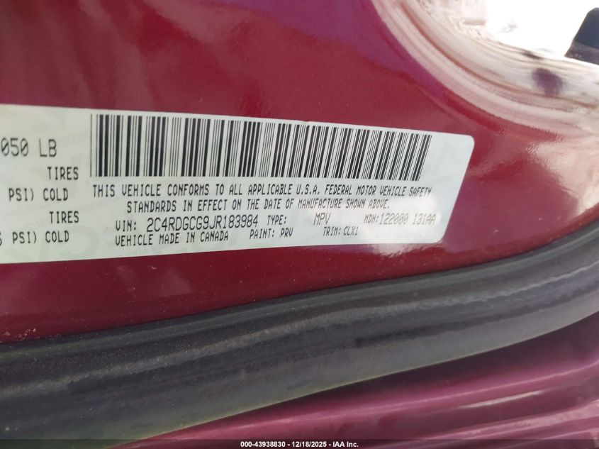 2018 Dodge Grand Caravan Sxt VIN: 2C4RDGCG9JR183984 Lot: 43938830