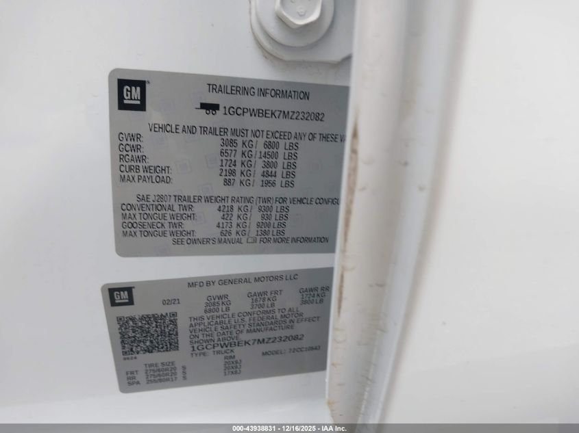 2021 Chevrolet Silverado 1500 2Wd Short Bed Custom VIN: 1GCPWBEK7MZ232082 Lot: 43938831