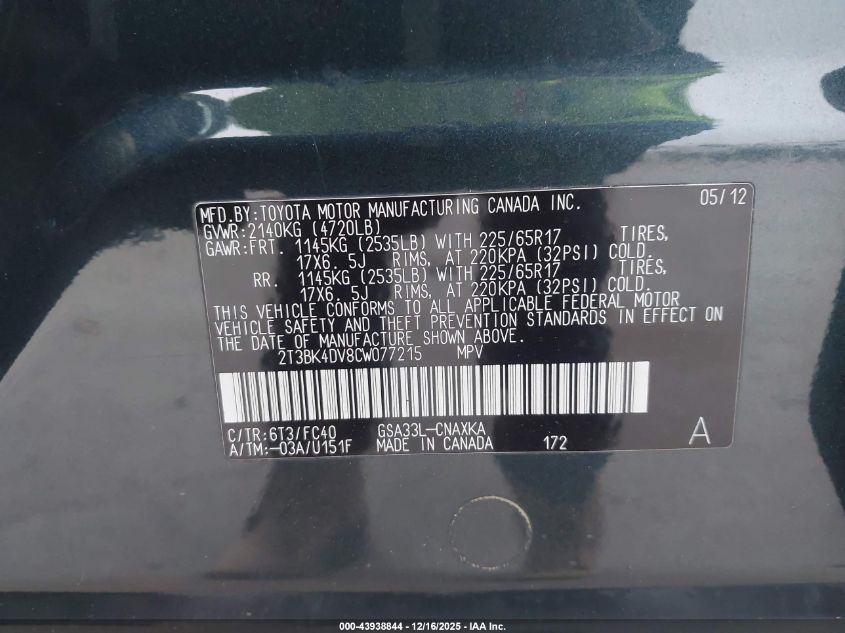 2012 Toyota Rav4 Base V6 VIN: 2T3BK4DV8CW077215 Lot: 43938844