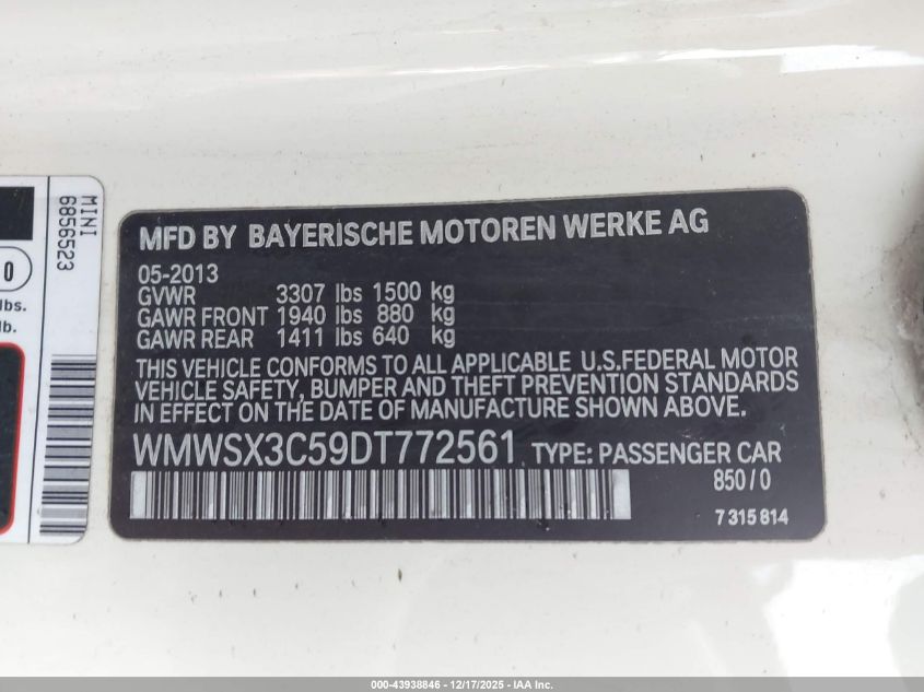 2013 Mini Coupe Cooper S VIN: WMWSX3C59DT772561 Lot: 43938846