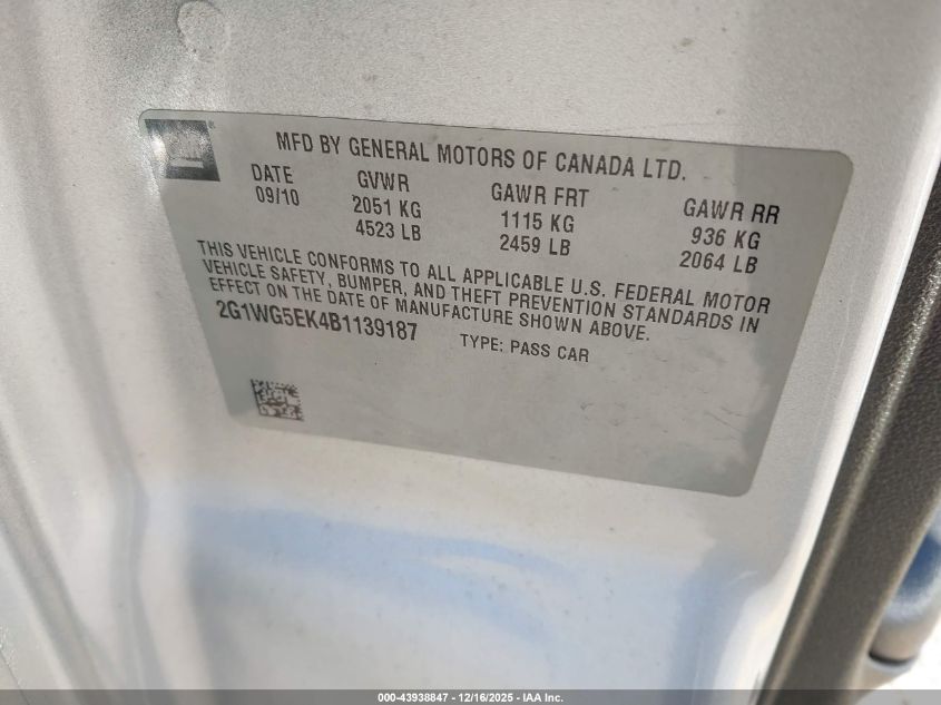 2011 Chevrolet Impala Lt VIN: 2G1WG5EK4B1139187 Lot: 43938847