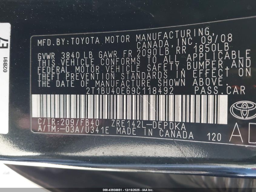 2009 Toyota Corolla Le VIN: 2T1BU40E69C118492 Lot: 43938851