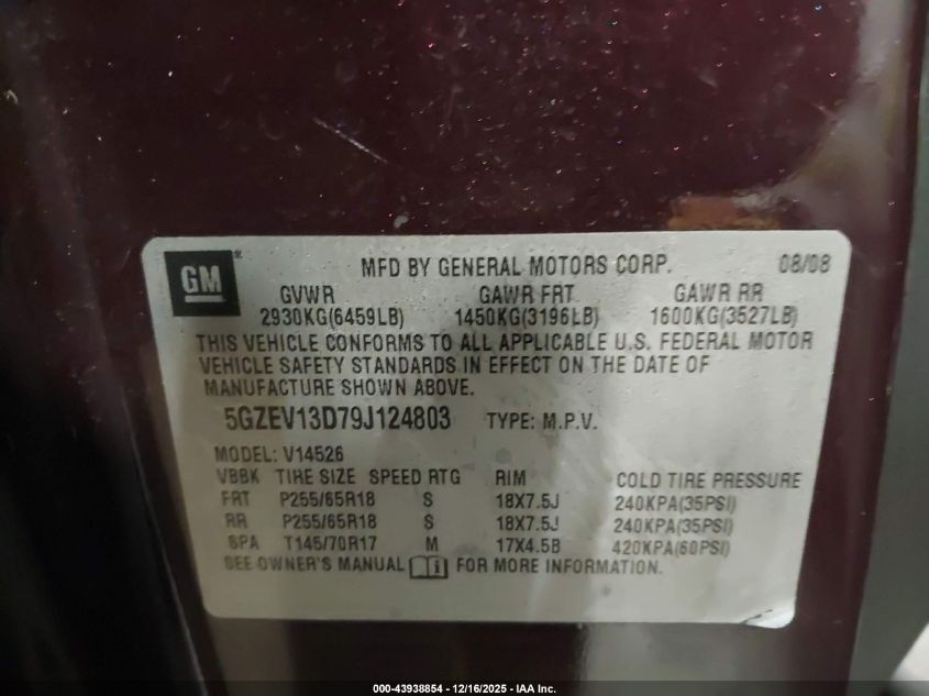 2009 Saturn Outlook Xe VIN: 5GZEV13D79J124803 Lot: 43938854