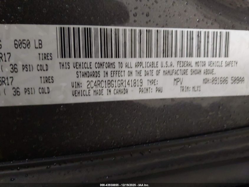 2016 Chrysler Town & Country Touring VIN: 2C4RC1BG1GR141819 Lot: 43938855