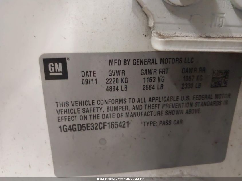 2012 Buick Lacrosse Premium 1 Group VIN: 1G4GD5E32CF165421 Lot: 43938856