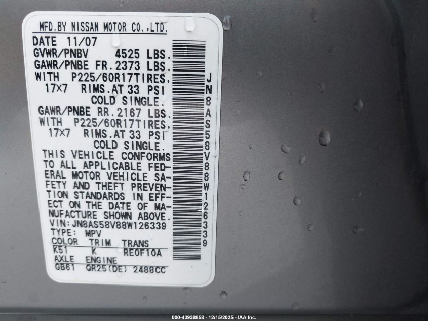 2008 Nissan Rogue Sl VIN: JN8AS58V88W126339 Lot: 43938858