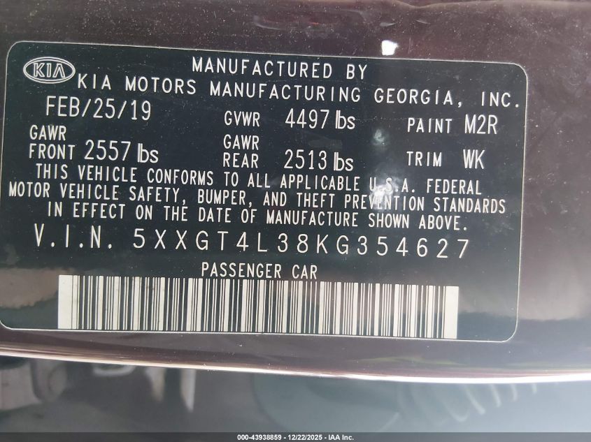 2019 Kia Optima Lx VIN: 5XXGT4L38KG354627 Lot: 43938859