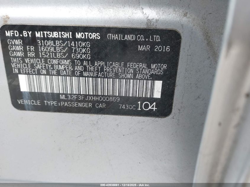 2017 Mitsubishi Mirage G4 Es VIN: ML32F3FJXHH000869 Lot: 43938861