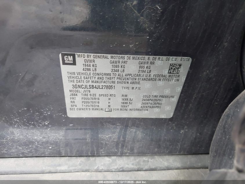 2018 Chevrolet Trax Lt VIN: 3GNCJLSB4JL278051 Lot: 43938873