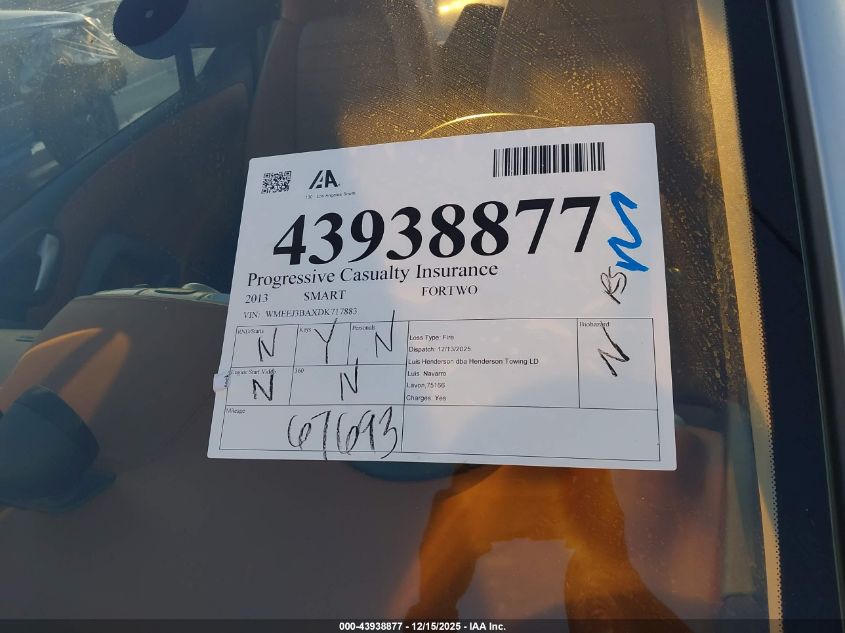 2013 Smart Fortwo Passion VIN: WMEEJ3BAXDK717883 Lot: 43938877