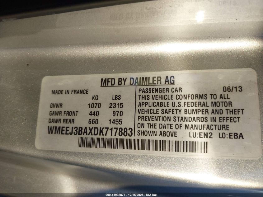 2013 Smart Fortwo Passion VIN: WMEEJ3BAXDK717883 Lot: 43938877