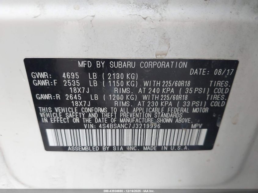 2018 Subaru Outback 2.5I Limited VIN: 4S4BSANC7J3219996 Lot: 43938880