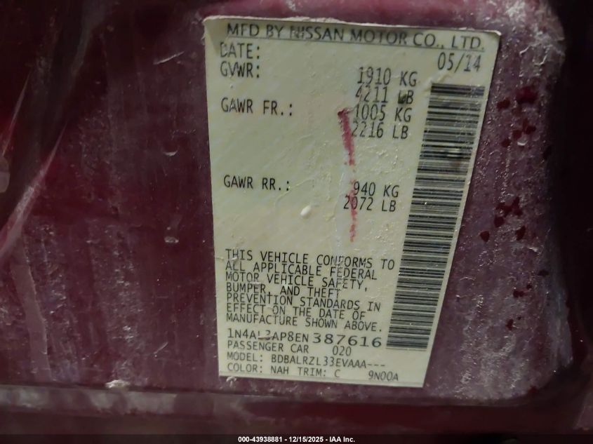 2014 Nissan Altima 2.5 S VIN: 1N4AL3AP8EN387616 Lot: 43938881