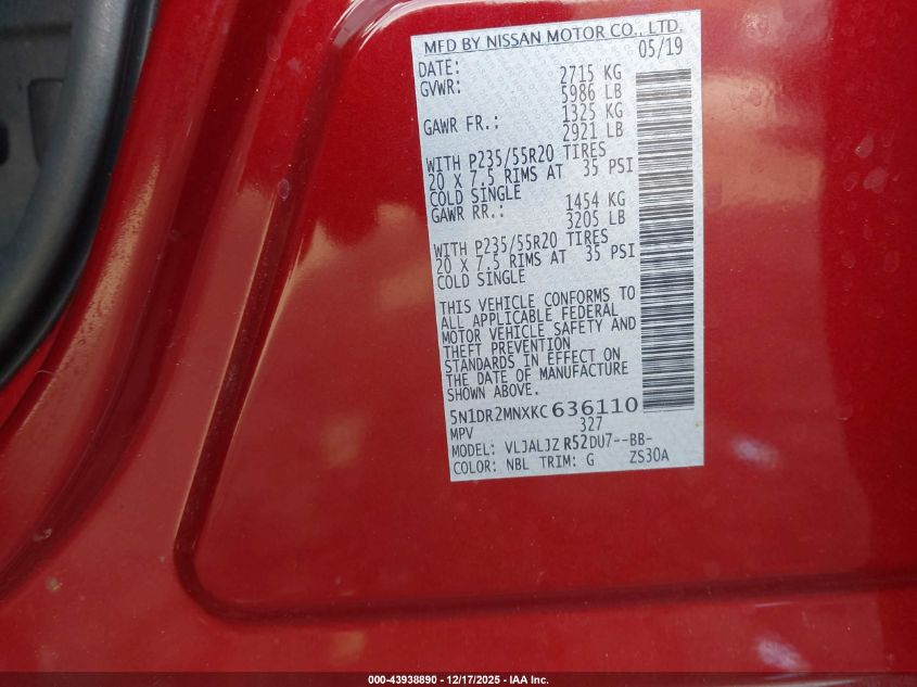 2019 Nissan Pathfinder Platinum VIN: 5N1DR2MNXKC636110 Lot: 43938890