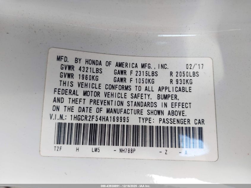 2017 Honda Accord Sport VIN: 1HGCR2F54HA169995 Lot: 43938891