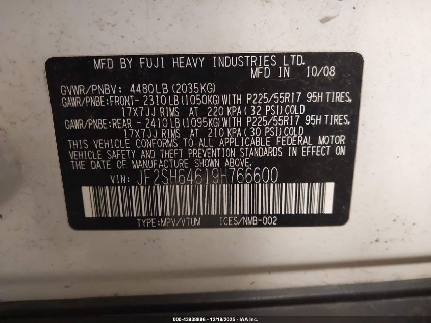 2009 Subaru Forester 2.5X Limited VIN: JF2SH64619H766600 Lot: 43938896