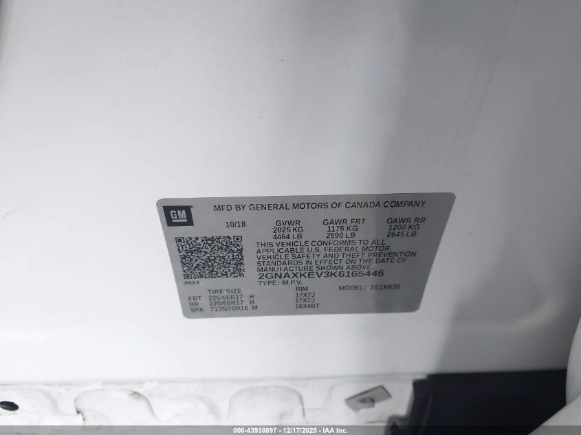 2019 Chevrolet Equinox Lt VIN: 2GNAXKEV3K6165445 Lot: 43938897