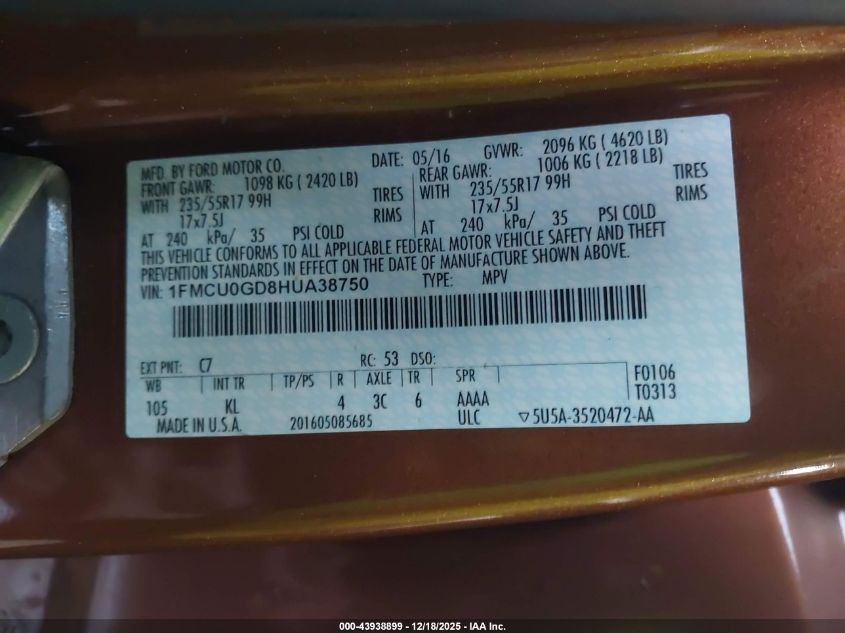 2017 Ford Escape Se VIN: 1FMCU0GD8HUA38750 Lot: 43938899