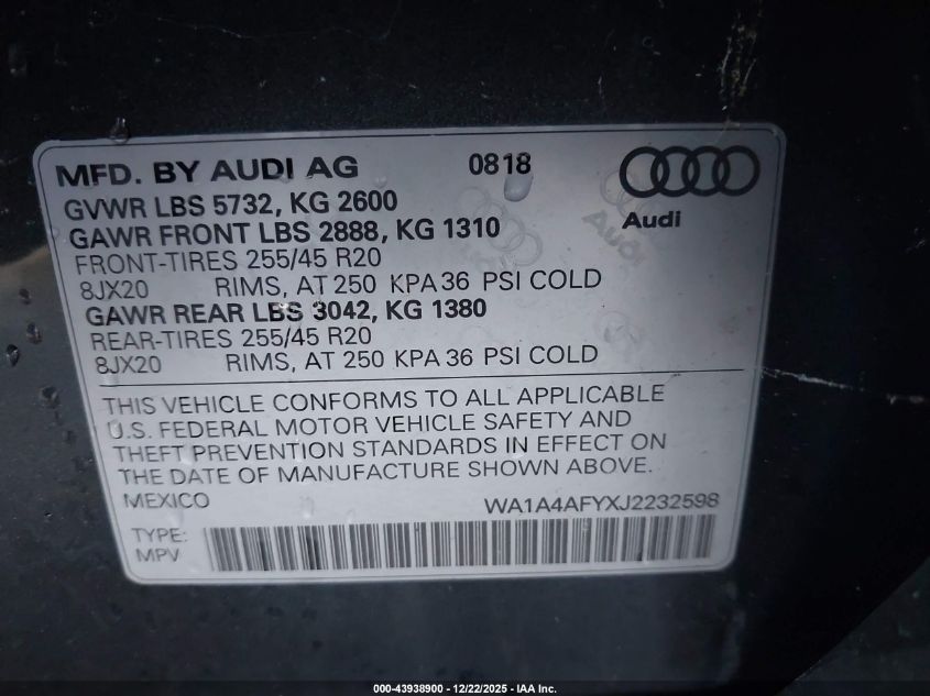 2018 Audi Sq5 3.0T Premium Plus VIN: WA1A4AFYXJ2232598 Lot: 43938900