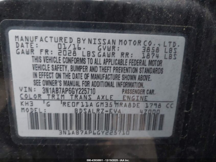 2016 Nissan Sentra Sr VIN: 3N1AB7AP6GY225710 Lot: 43938901