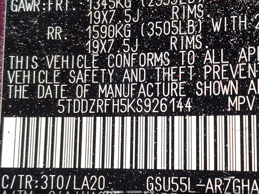 2019 Toyota Highlander Limited Platinum VIN: 5TDDZRFH5KS926144 Lot: 43938902