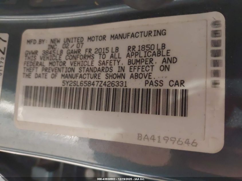 2007 Pontiac Vibe VIN: 5Y2SL65847Z426331 Lot: 43938903