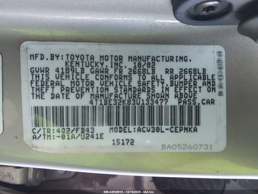 2003 Toyota Camry Le VIN: 4T1BE32K83U133477 Lot: 43938910