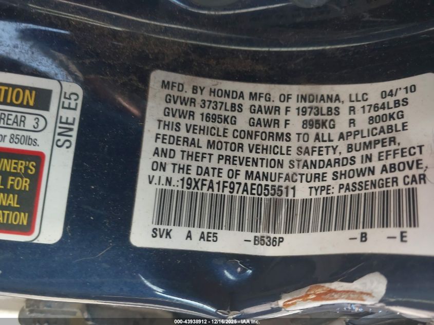 2010 Honda Civic Ex-L VIN: 19XFA1F97AE055511 Lot: 43938912