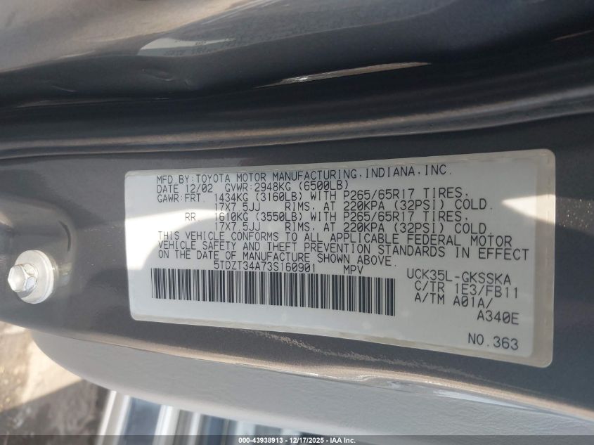 2003 Toyota Sequoia Sr5 V8 VIN: 5TDZT34A73S160901 Lot: 43938913