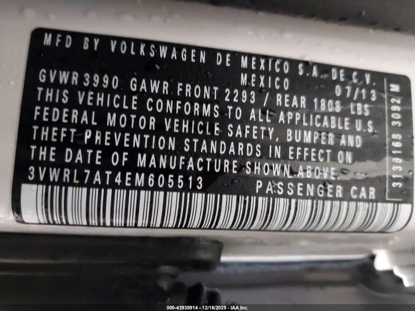 2014 Volkswagen Beetle 2.0L Tdi VIN: 3VWRL7AT4EM605513 Lot: 43938914