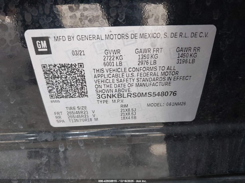 2021 Chevrolet Blazer Awd Premier VIN: 3GNKBLRS0MS548076 Lot: 43938915