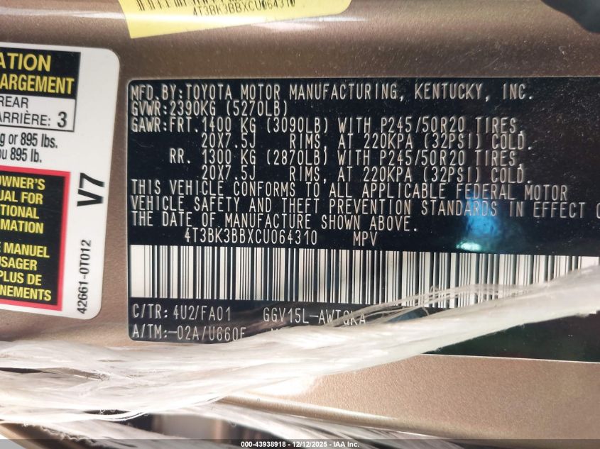 2012 Toyota Venza Le V6 VIN: 4T3BK3BBXCU064310 Lot: 43938918