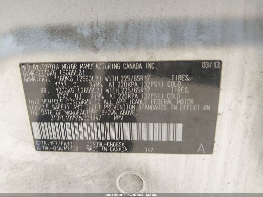 2013 Toyota Rav4 Ev VIN: 2T3YL4DV5DW001847 Lot: 43938919