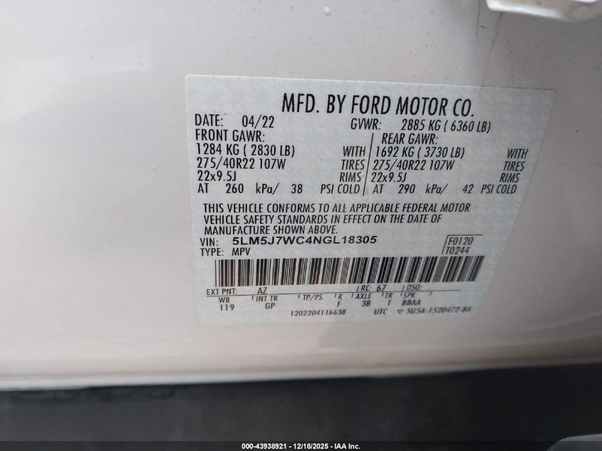 2022 Lincoln Aviator Reserve VIN: 5LM5J7WC4NGL18305 Lot: 43938921