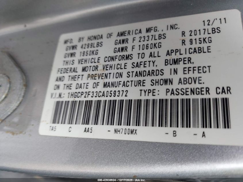 2012 Honda Accord 2.4 Lx VIN: 1HGCP2F33CA059372 Lot: 43938924