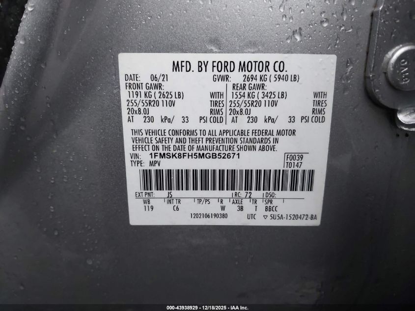 2021 Ford Explorer Limited VIN: 1FMSK8FH5MGB52671 Lot: 43938929