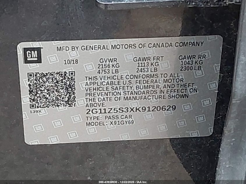 2019 Chevrolet Impala Lt VIN: 2G11Z5S3XK9120629 Lot: 43938930