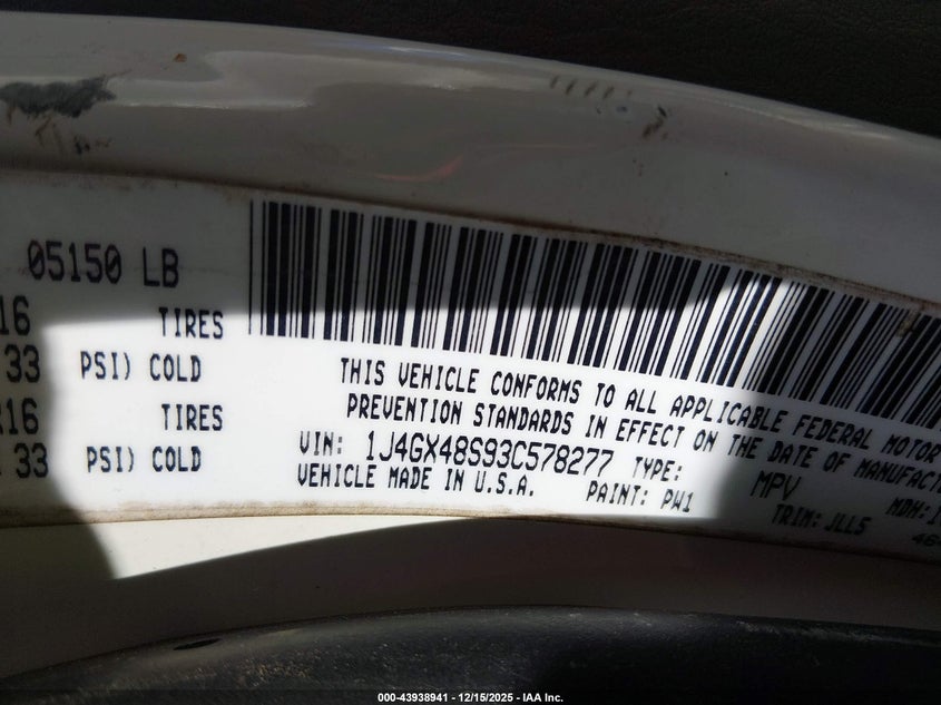 2003 Jeep Grand Cherokee Laredo VIN: 1J4GX48S93C578277 Lot: 43938941