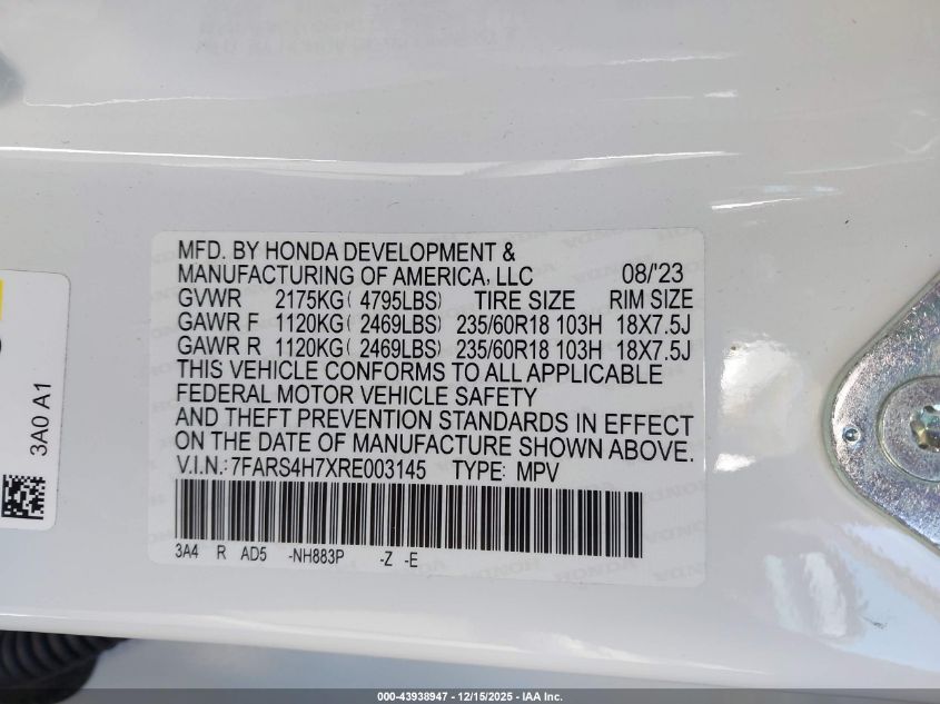2024 Honda Cr-V Ex-L Awd VIN: 7FARS4H7XRE003145 Lot: 43938947