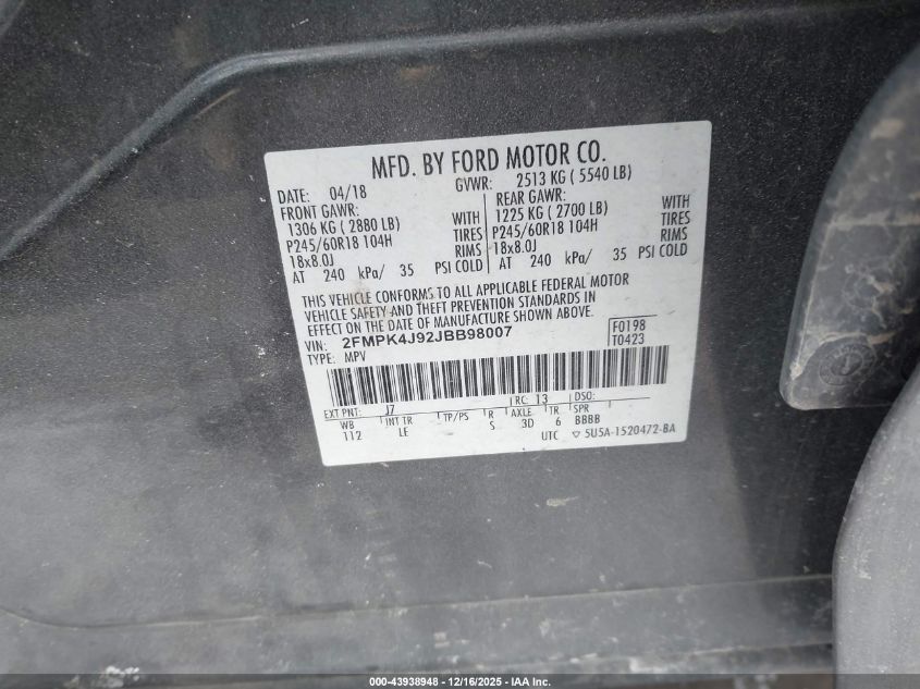 2018 Ford Edge Sel VIN: 2FMPK4J92JBB98007 Lot: 43938948